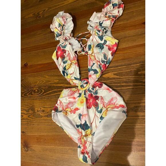 NWOT Ruffled Monokini Plunge Floral Swimsuit with Kimono Skirt, size S - Picture 3 of 11